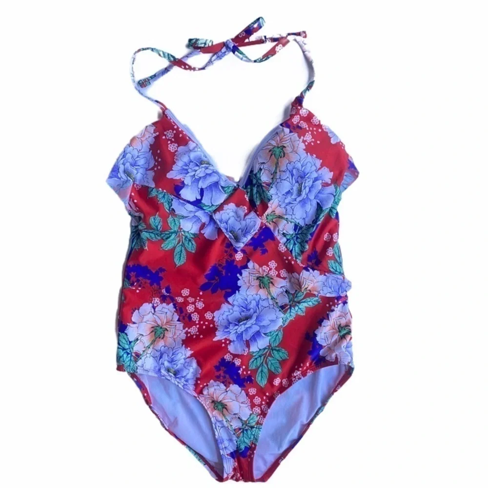 Cleanwater red multicolor floral print one piece halter ruffle bathing suit